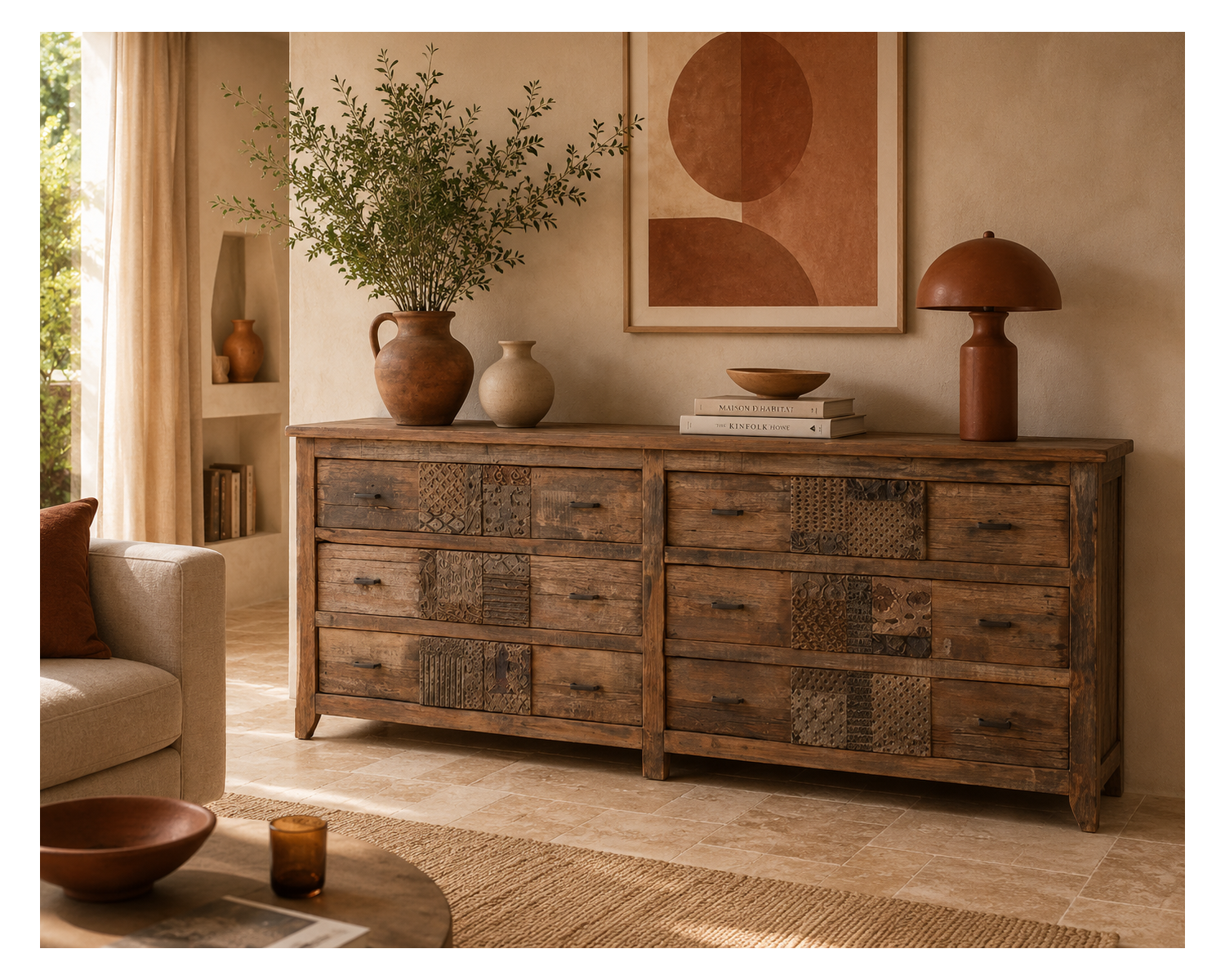 Cómoda baja de estilo boticario de 195 cm «nepalí», de madera reciclada, con 6 cajones
