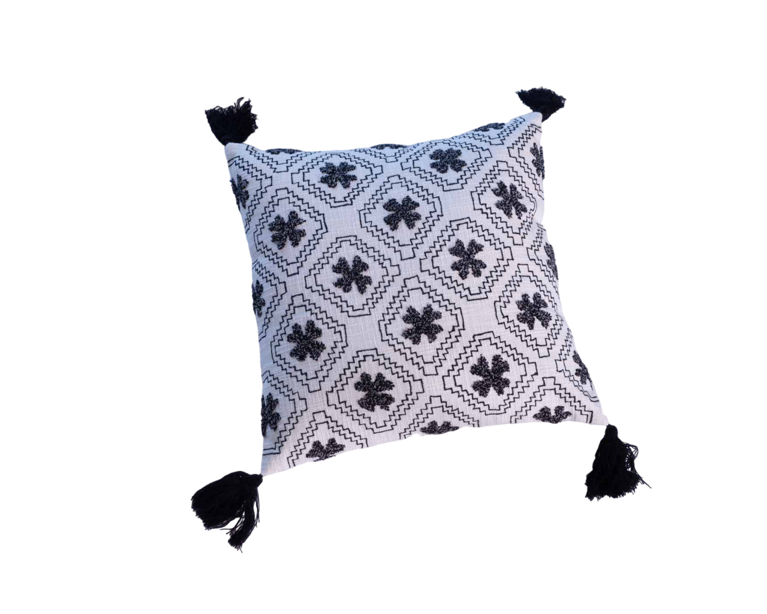 Cojín decorativo de algodón blanco con motivos bordados y pompones «Kavon»