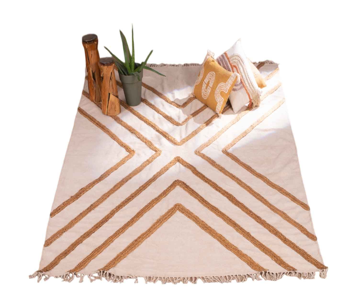 Alfombra beige de algodón decorada con yute trenzado, 120 x 180 cm, «Ethnic»