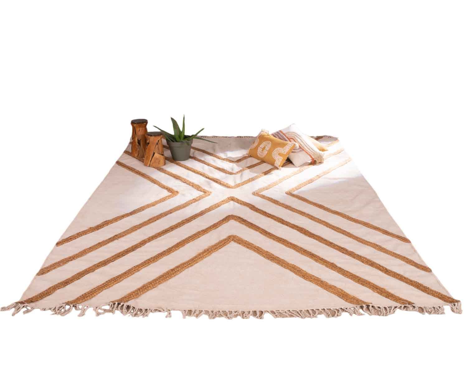 Alfombra beige de algodón decorada con yute trenzado, 120 x 180 cm, «Ethnic»