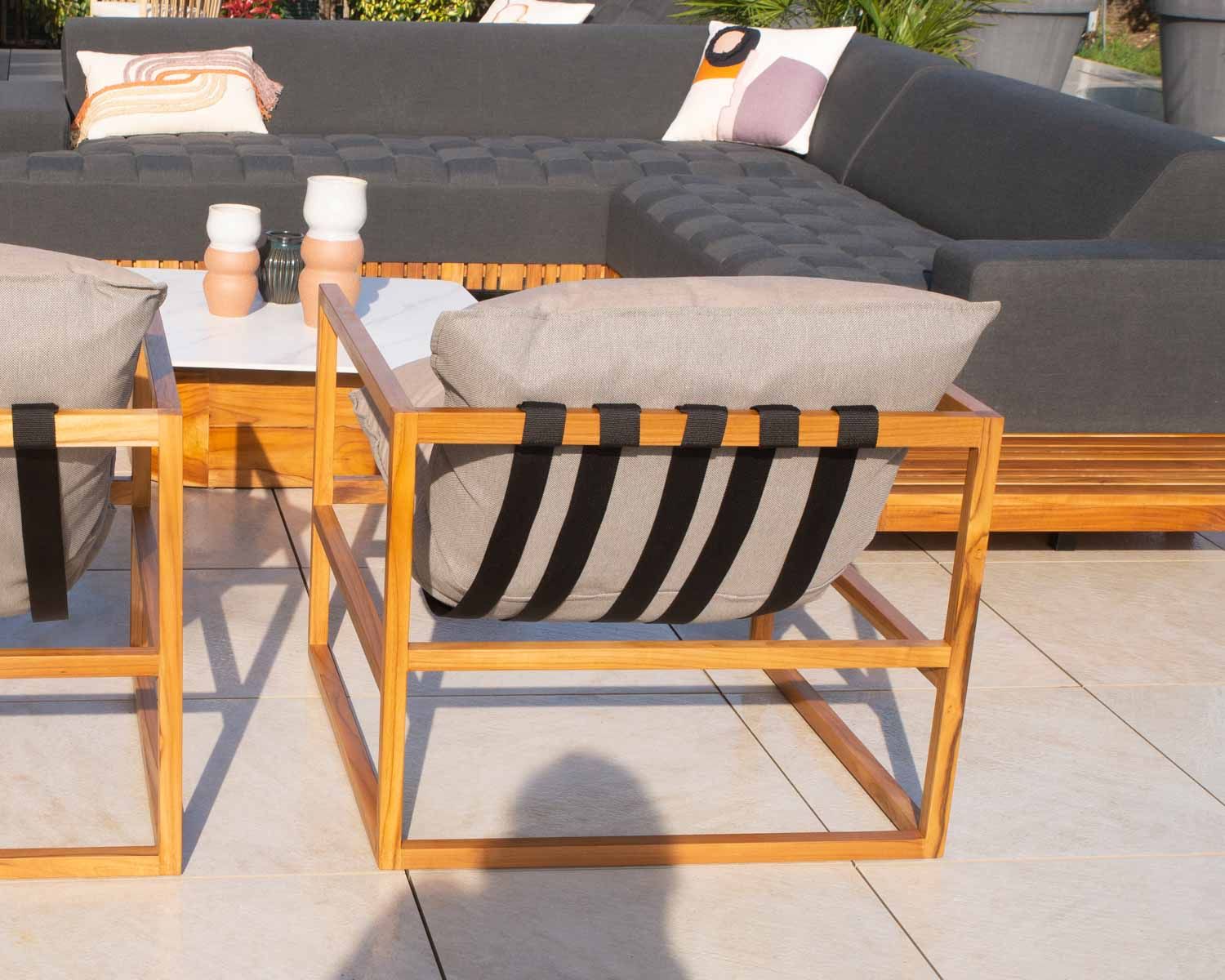 Sillón de jardín relax de teca y tela Sunbrella color topo «Maluku Island»