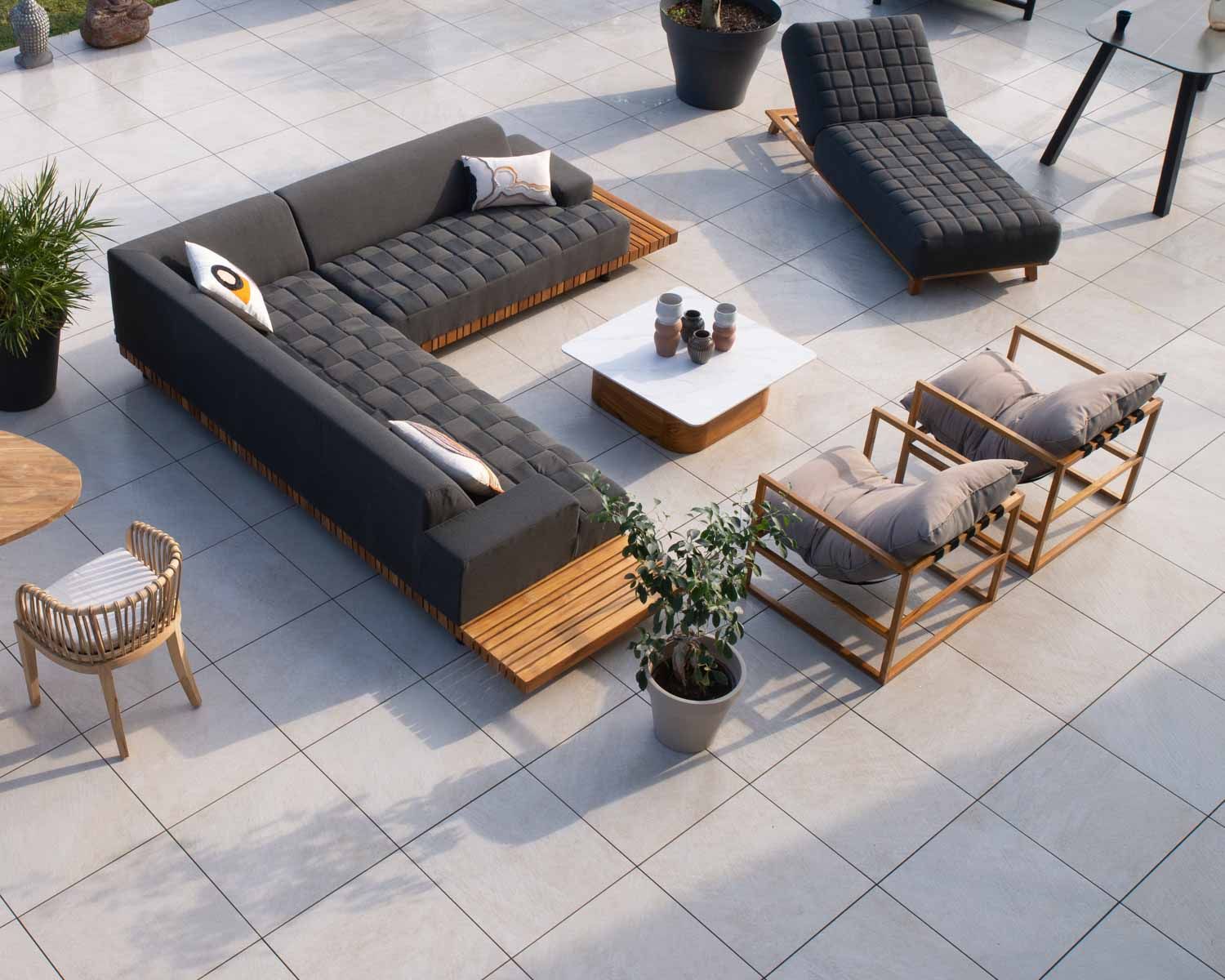 Sillón de jardín relax de teca y tela Sunbrella color topo «Maluku Island»