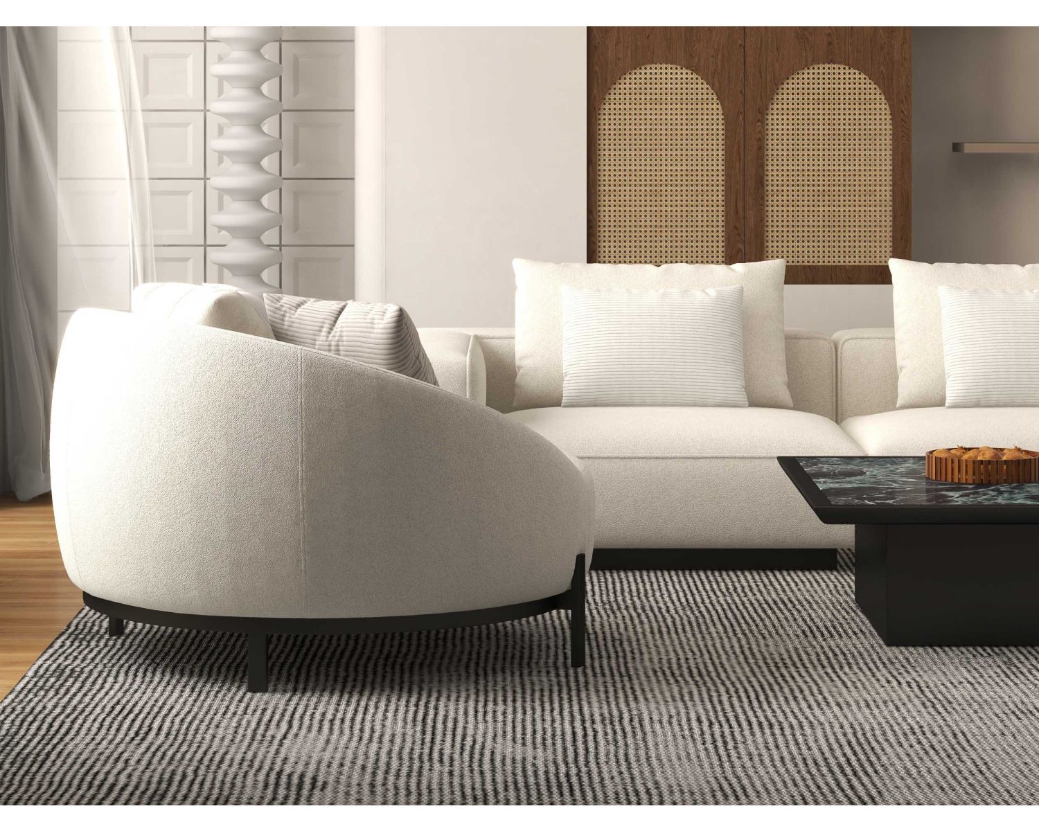 Sillón redondo de 120 cm en tela blanca jaspeada y cojines de terciopelo acanalado «Sweet Culture»