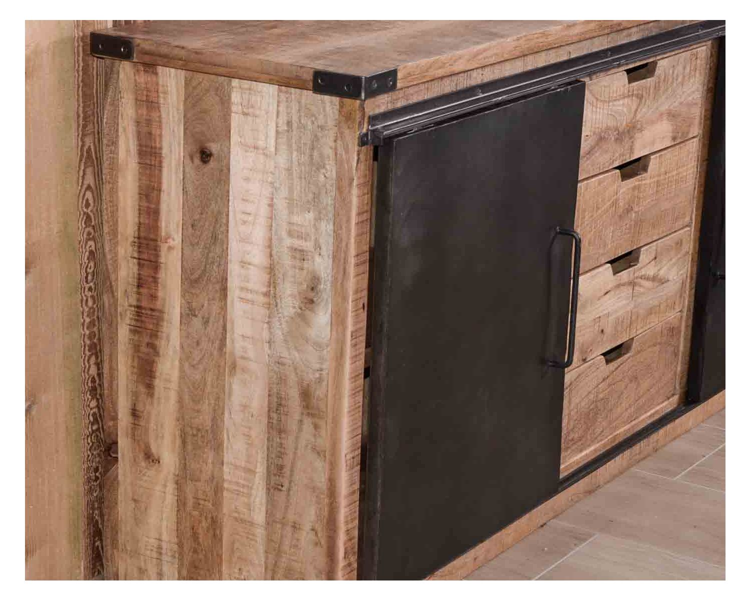 Aparador industrial con puertas correderas y cajones de madera, 180 cm, «Caractère»