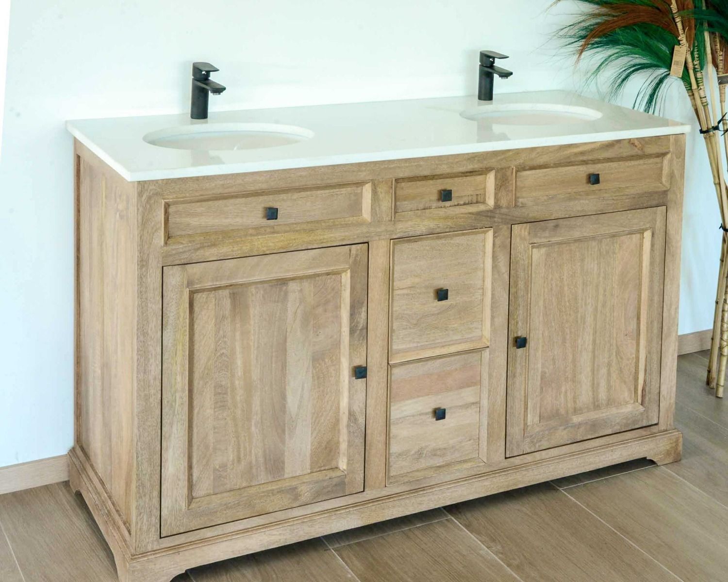 Mueble de baño con dos lavabos, de madera de mango y cuarzo blanco «Elégance»