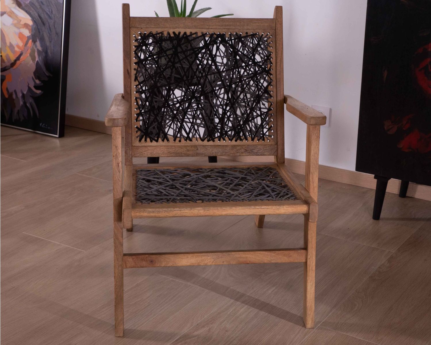 Sillón étnico bajo de madera de haya y cuerdas «Pop Vintage»
