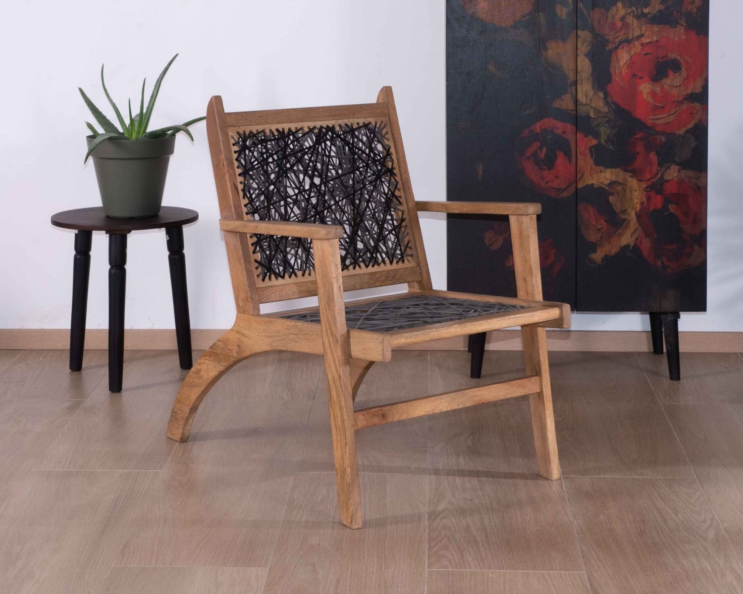 Sillón étnico bajo de madera de haya y cuerdas «Pop Vintage»