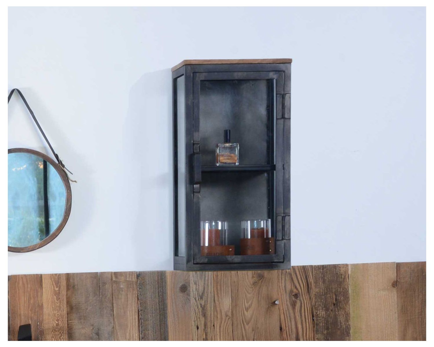 Pequeña vitrina de pared de estilo industrial, de metal, madera maciza y cristal «Black Cook»