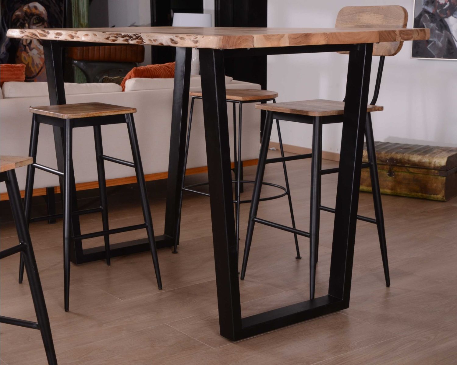 Mesa alta de 190 cm «Jaffna», estilo moderno, de madera maciza y metal