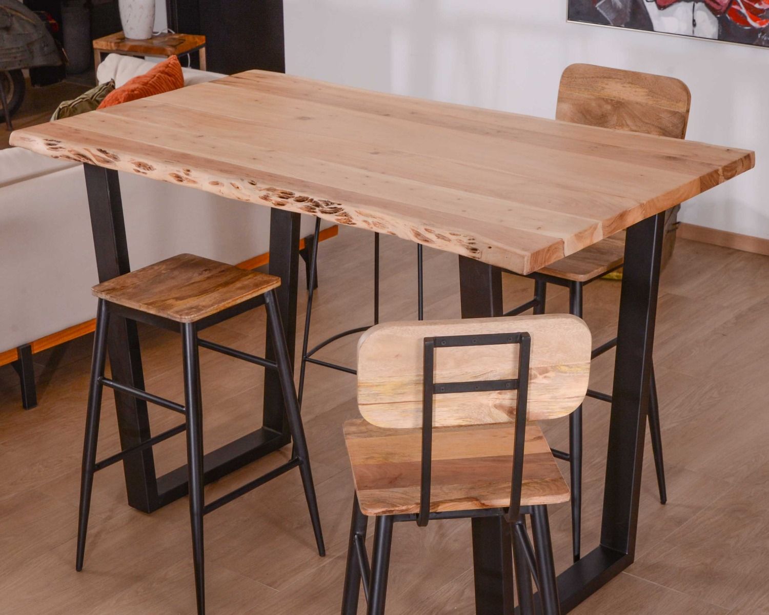 Mesa alta de 190 cm «Jaffna», estilo moderno, de madera maciza y metal