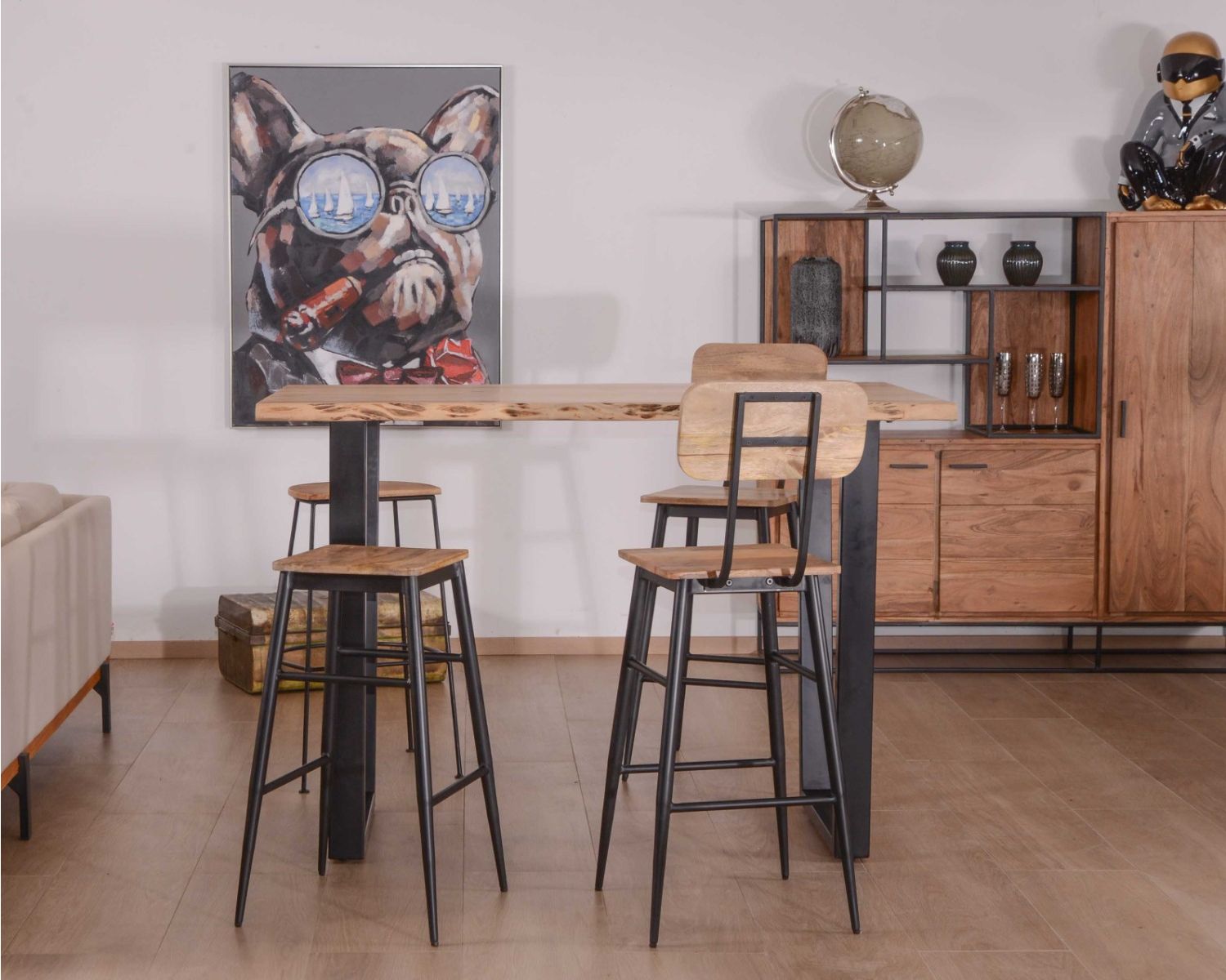 Mesa alta de 190 cm «Jaffna», estilo moderno, de madera maciza y metal