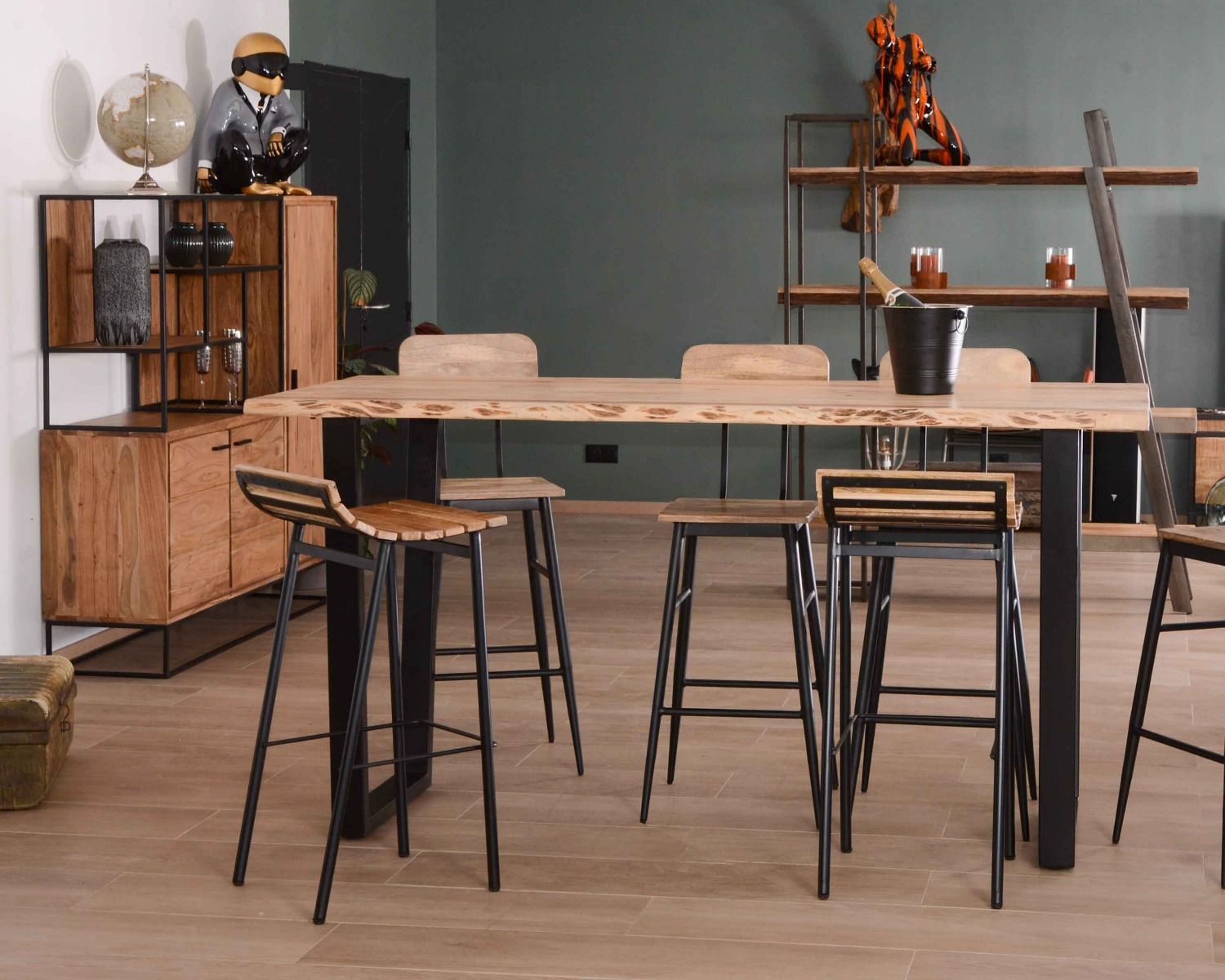Mesa alta de 190 cm «Jaffna», estilo moderno, de madera maciza y metal
