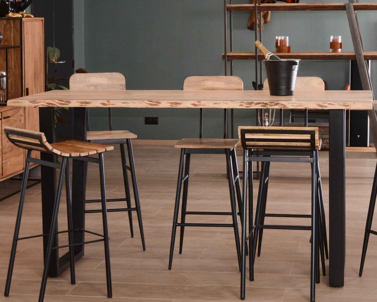 Mesa alta de 190 cm «Jaffna», estilo moderno, de madera maciza y metal