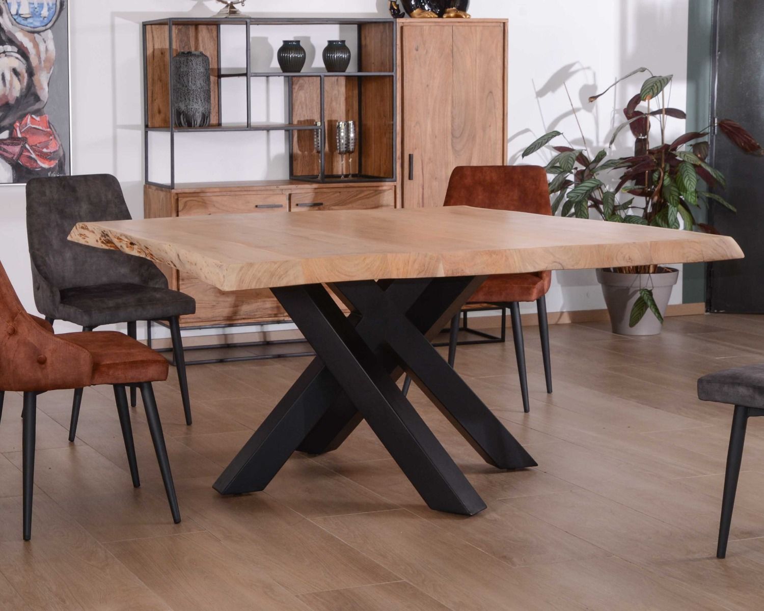 Mesa cuadrada de 150 x 150 cm de madera maciza de acacia natural y metal negro «Baillif»