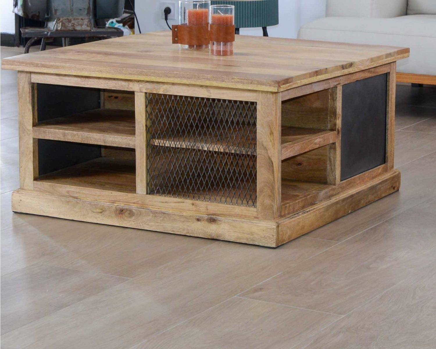 Mesa de centro cuadrada con espacio de almacenamiento, de metal y madera, «Caractère»