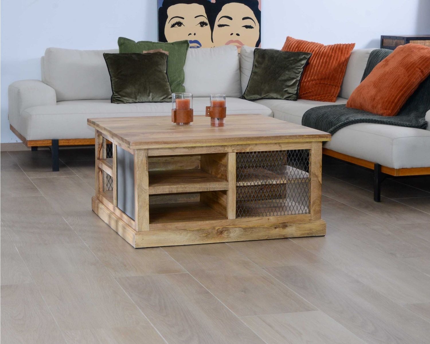 Mesa de centro cuadrada con espacio de almacenamiento, de metal y madera, «Caractère»