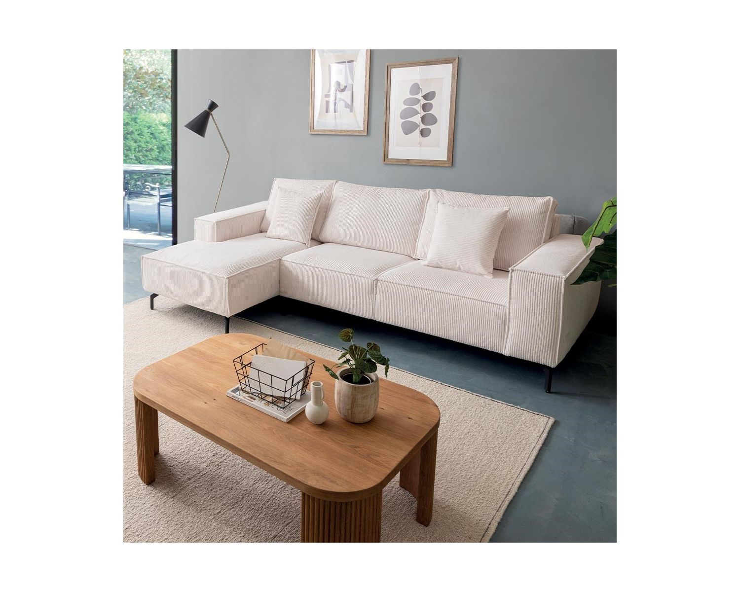 Sofá esquinero de terciopelo acanalado con chaise longue «Pueblo», con orientación y colores a elegir