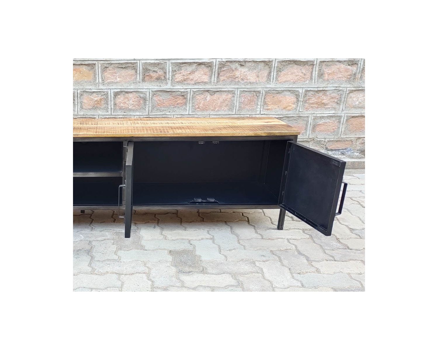 Mueble para la tele negro de metal y madera «Dowtoun», estilo taller, 220 cm