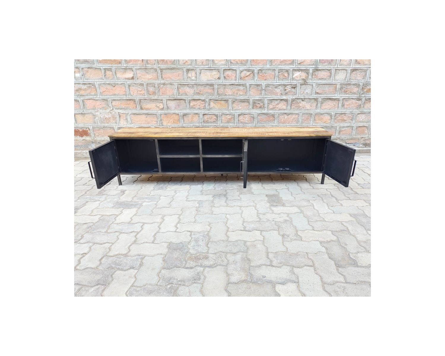 Mueble para la tele negro de metal y madera «Dowtoun», estilo taller, 220 cm