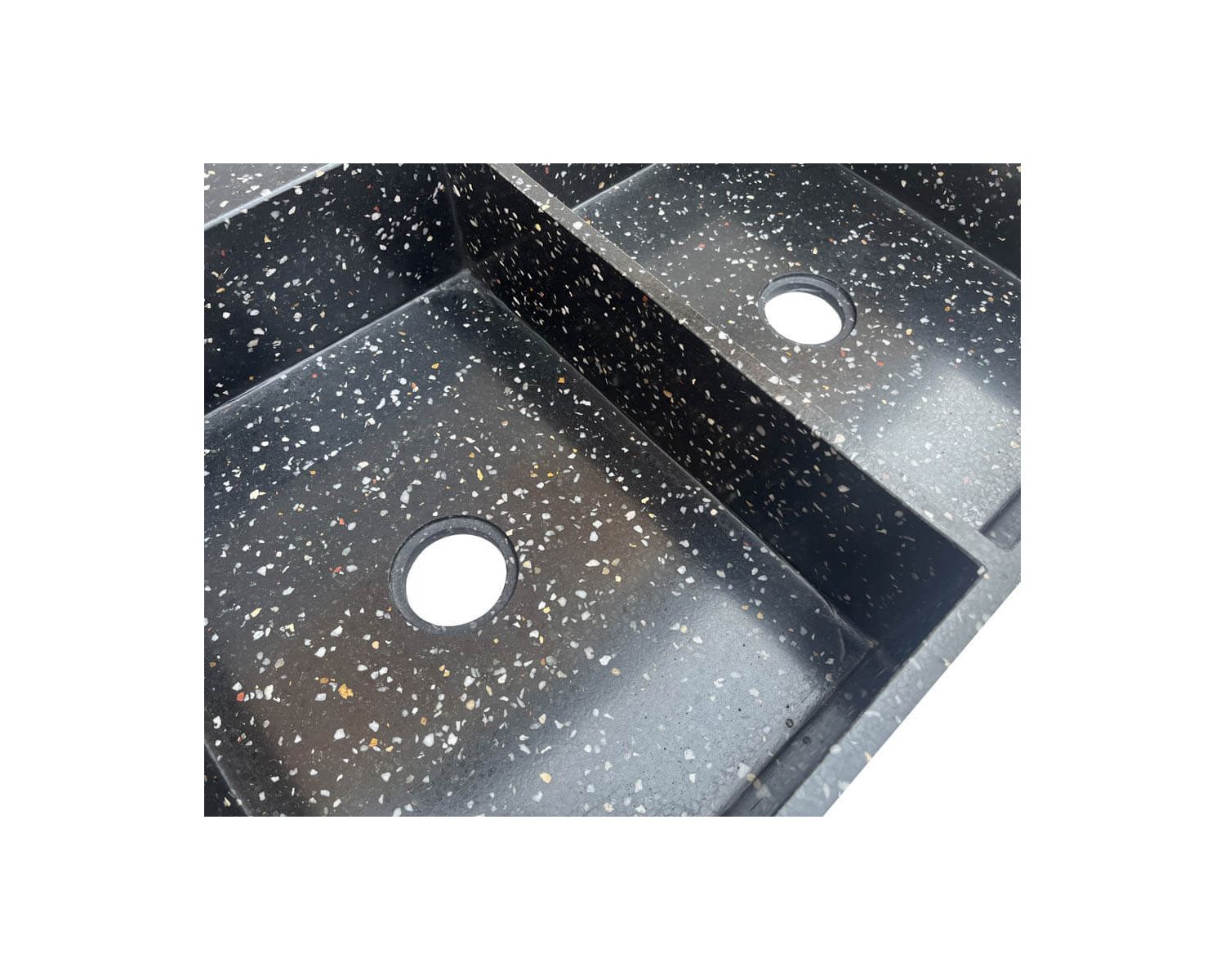 Fregadero grande de terrazo negro para encastrar, con dos cubetas