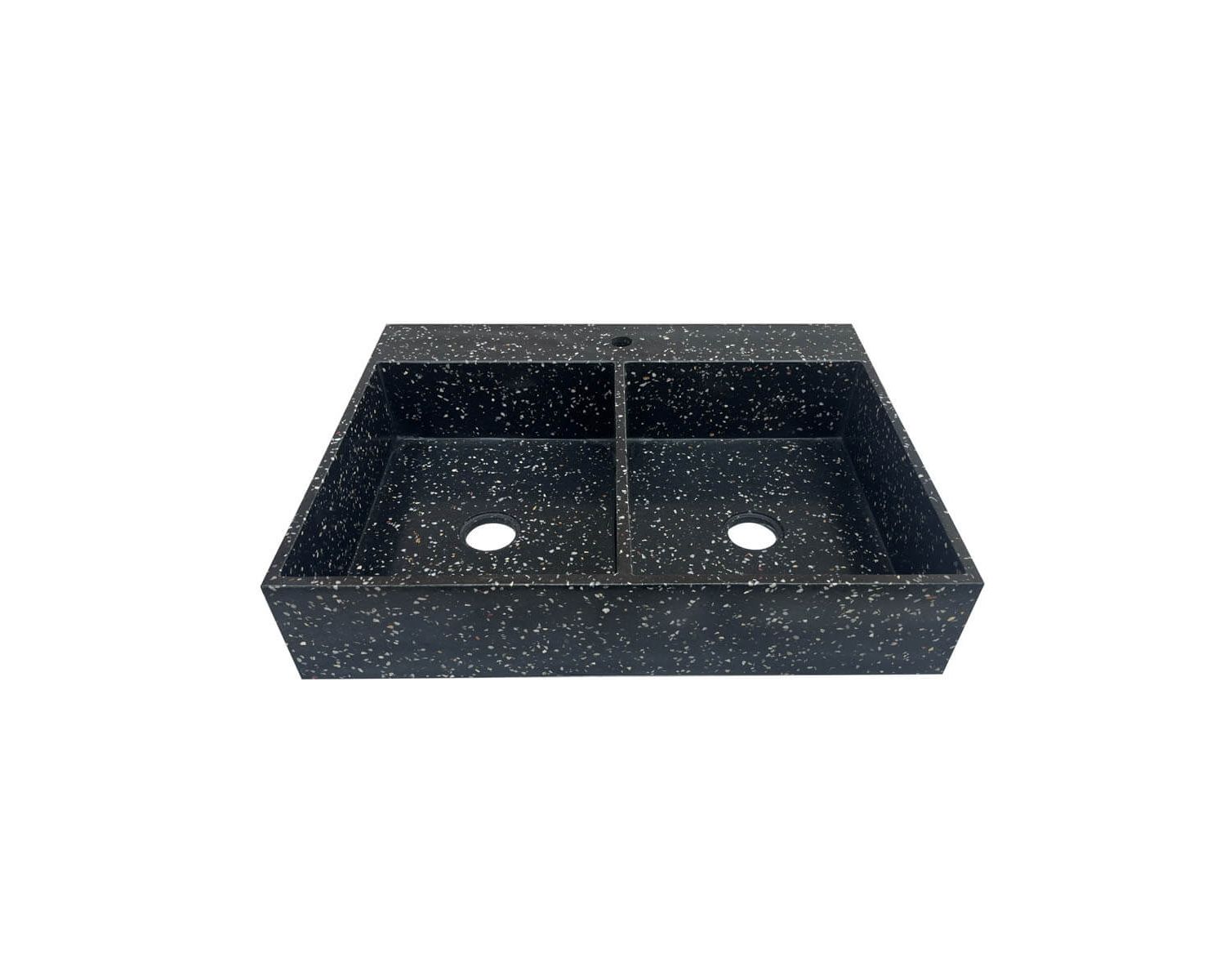 Fregadero grande de terrazo negro para encastrar, con dos cubetas