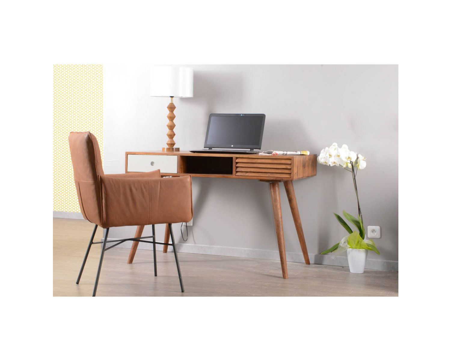 Escritorio escandinavo de palisandro «Vintage grey» con cajón blanco