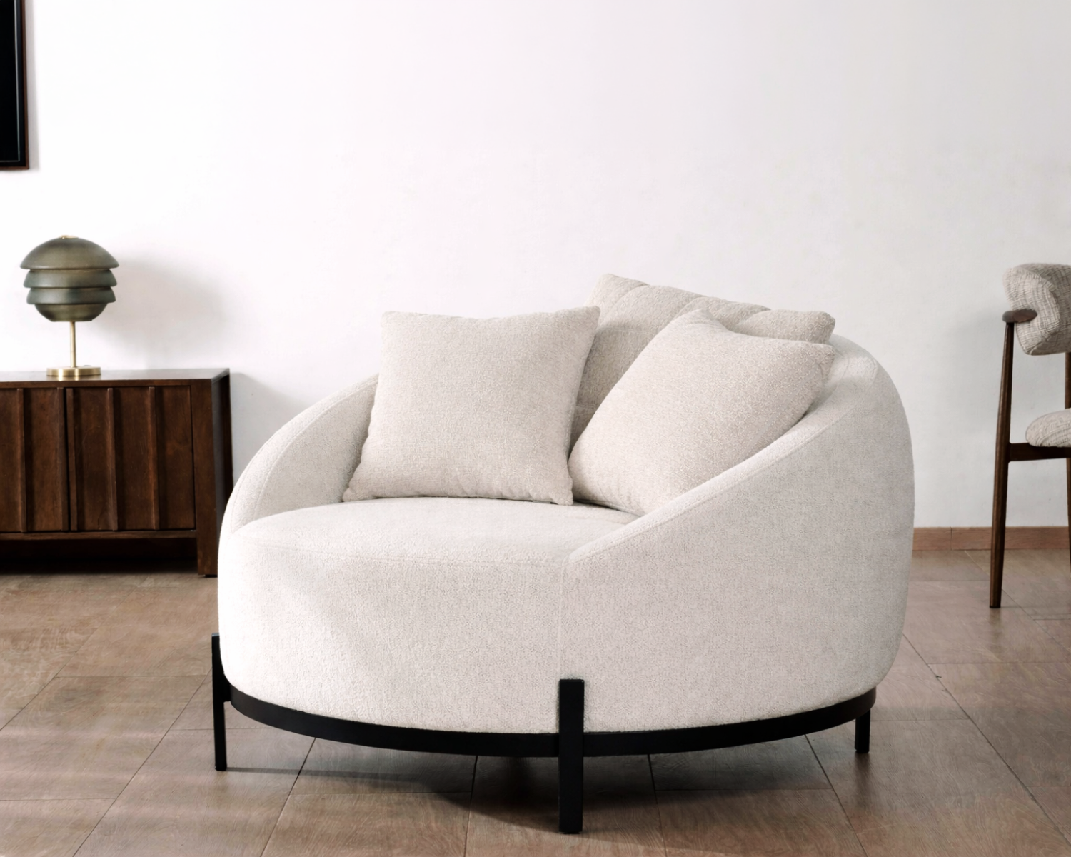 Sillón redondo de 120 cm en tela blanca jaspeada y cojines de terciopelo acanalado «Sweet Culture»