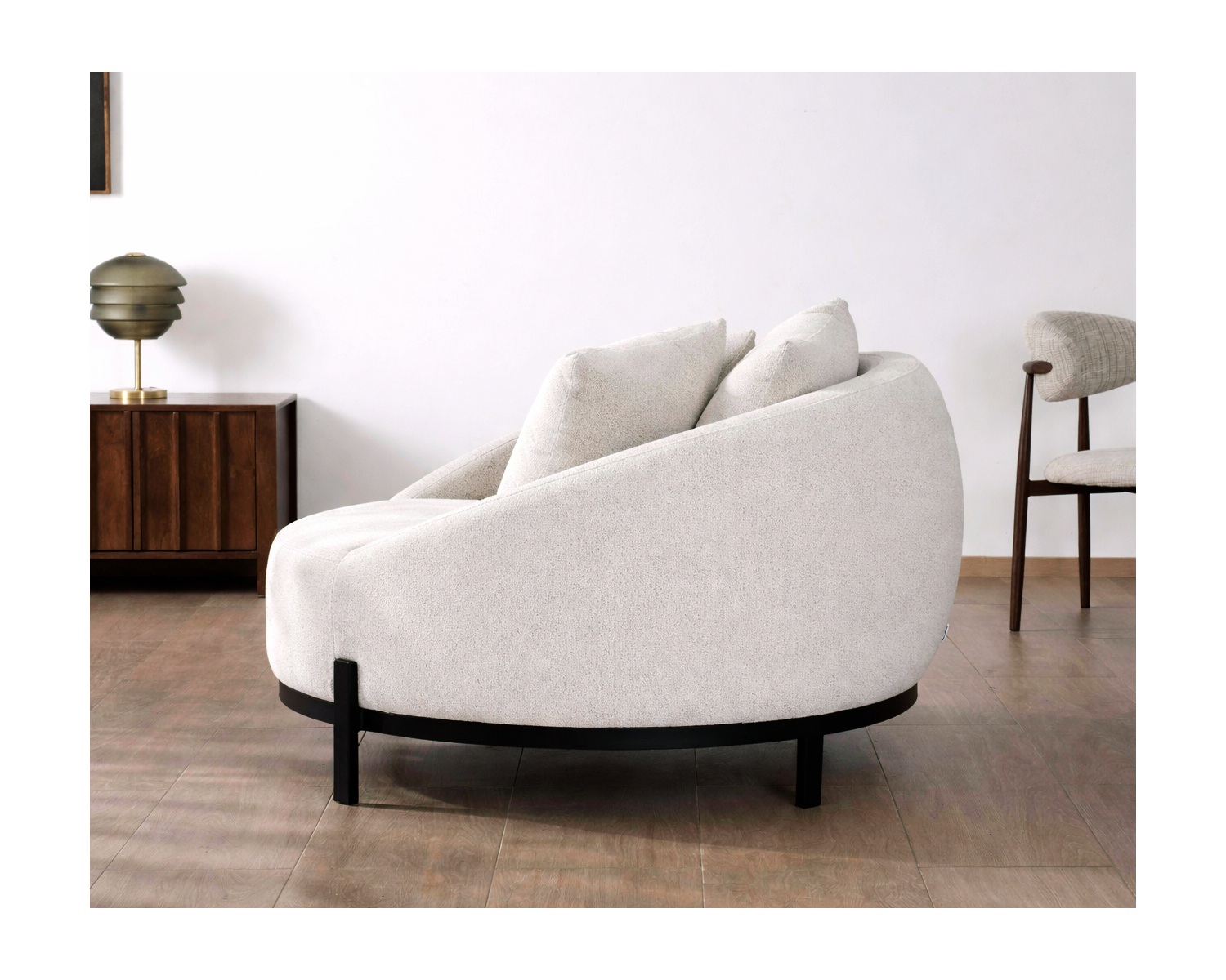 Sillón redondo de 120 cm en tela blanca jaspeada y cojines de terciopelo acanalado «Sweet Culture»