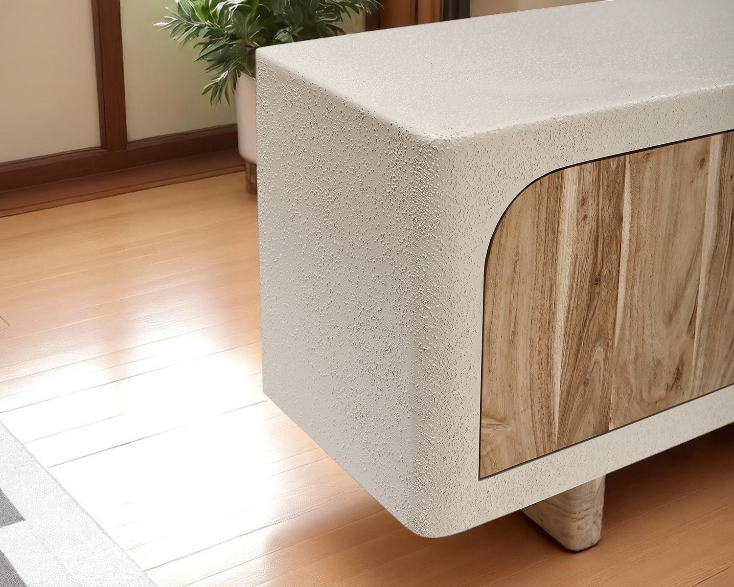 Mueble de televisión contemporáneo con acabado de hormigón pulido y madera de acacia «Miona»