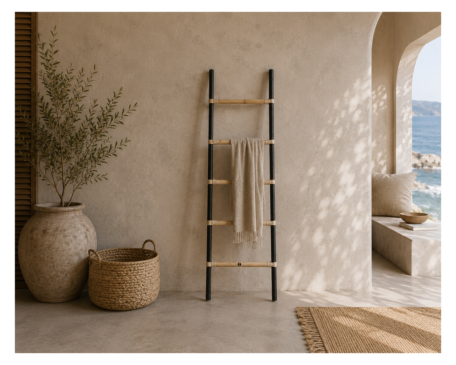 Escalera de ratán con acabado bicolor natural y negro «Solira», 150 cm