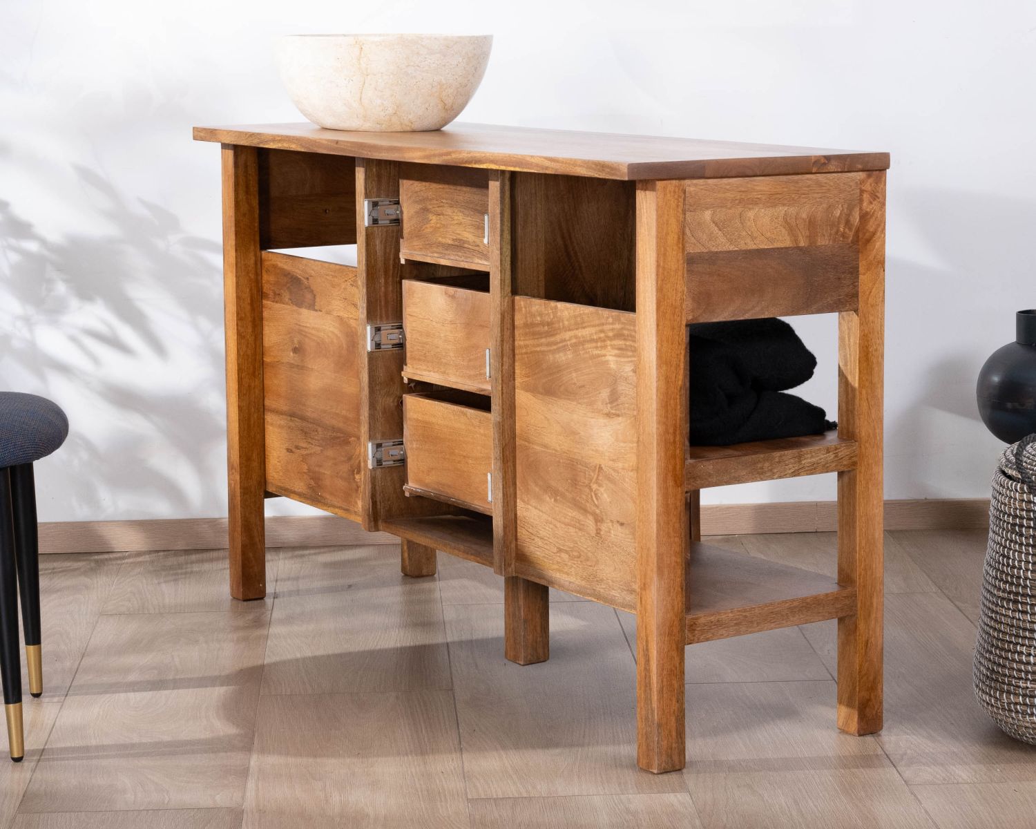 Mueble bajo lavabo de madera de mango oscuro de 120 cm con compartimentos y cajones «Kahiko»