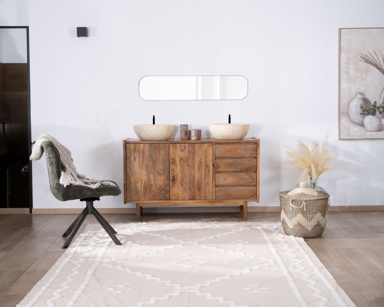 Mueble bajo lavabo de 140 cm en madera de mango oscuro con puertas y cajones «Kahiko»