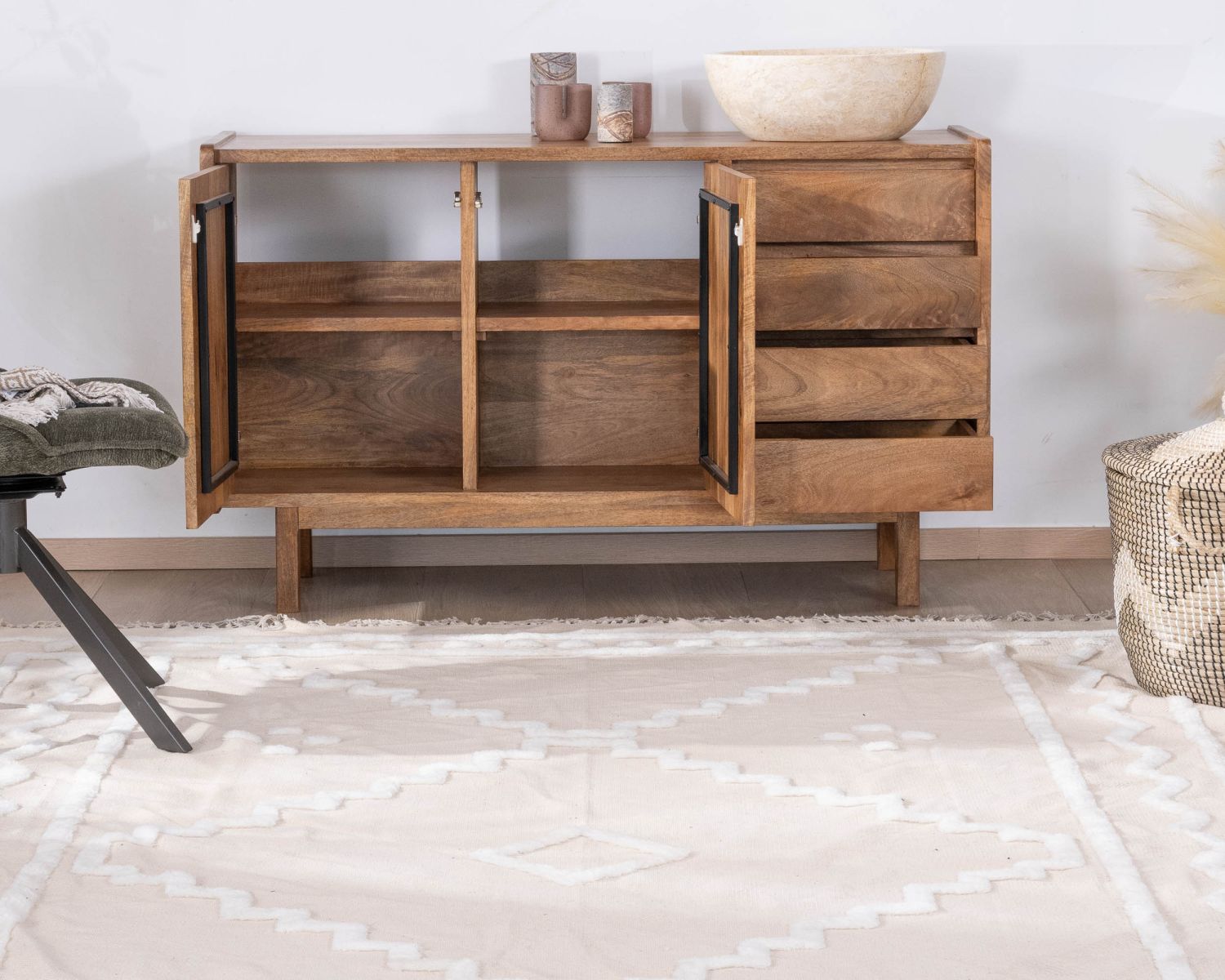 Mueble bajo lavabo de 140 cm en madera de mango oscuro con puertas y cajones «Kahiko»