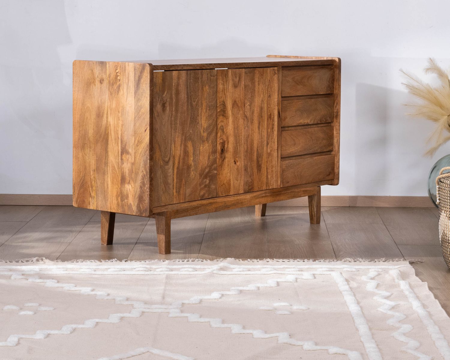 Mueble bajo lavabo de 140 cm en madera de mango oscuro con puertas y cajones «Kahiko»