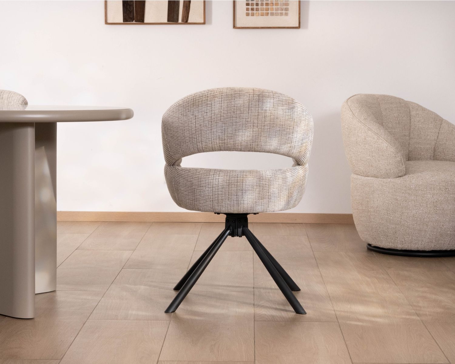 Lote de 2 sillas giratorias de estilo retro-contemporáneo «Movy», en tejido gris claro con trama