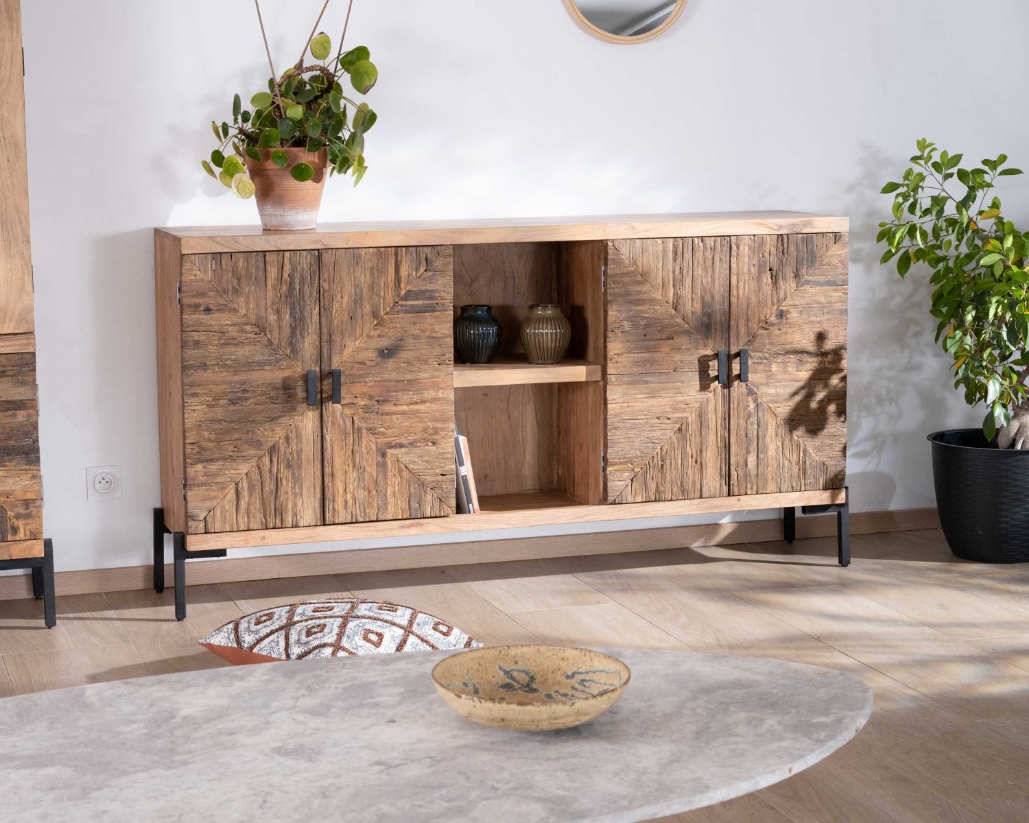 Aparador bajo grande de acacia maciza de 175 cm, estilo étnico «Géonidum»
