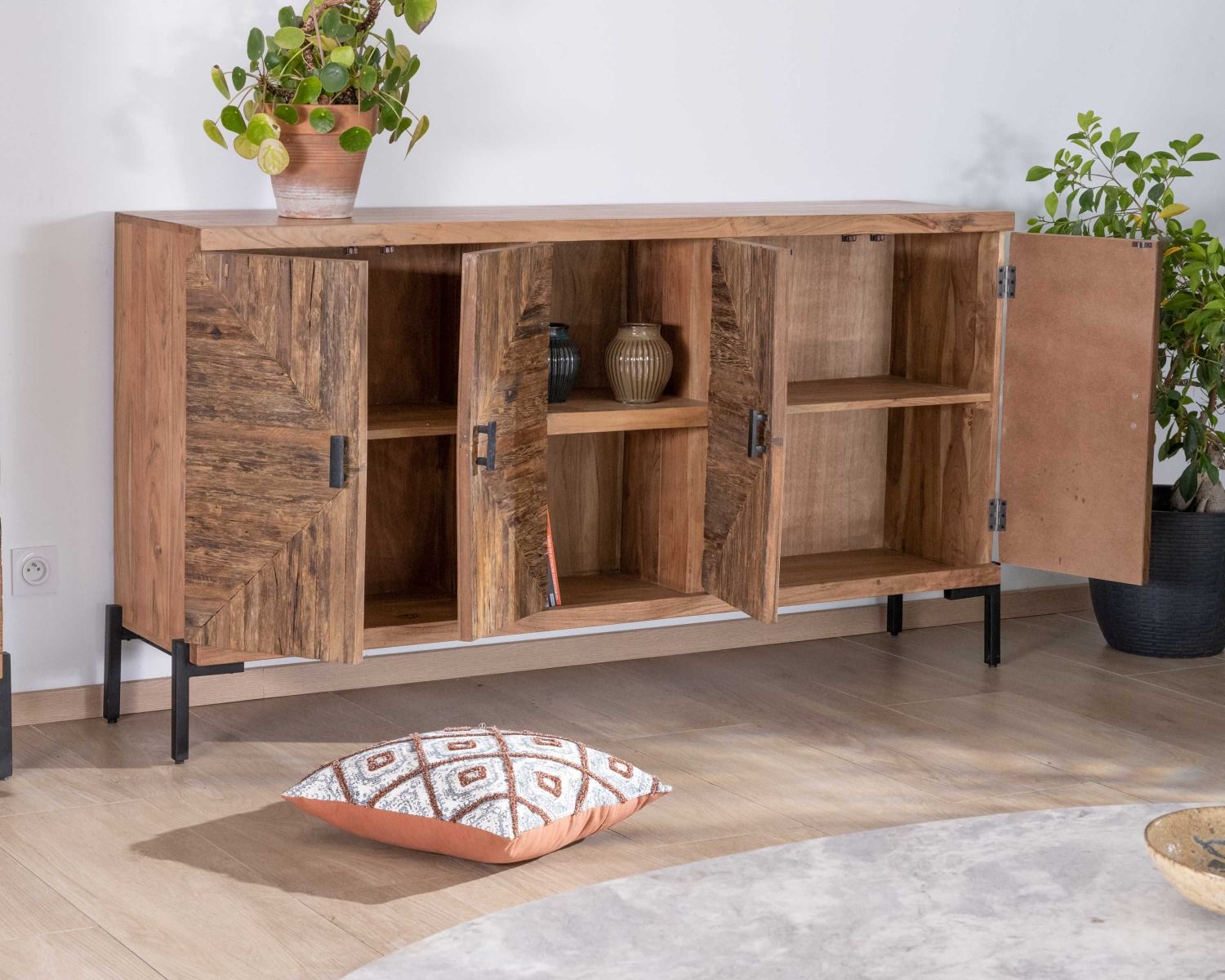 Aparador bajo grande de acacia maciza de 175 cm, estilo étnico «Géonidum»