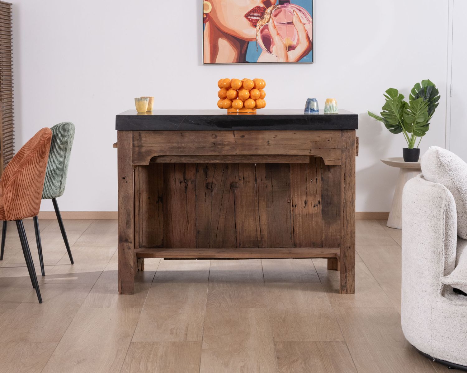  Isla de cocina de teca reciclada con zona de aperitivos extensible «Grana» y encimera de mármol negro