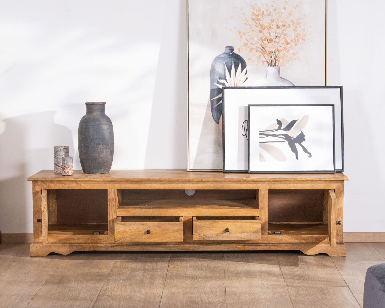 Mueble de televisión grande de 180 cm, estilo rústico chic, en madera de mango «Sarah»