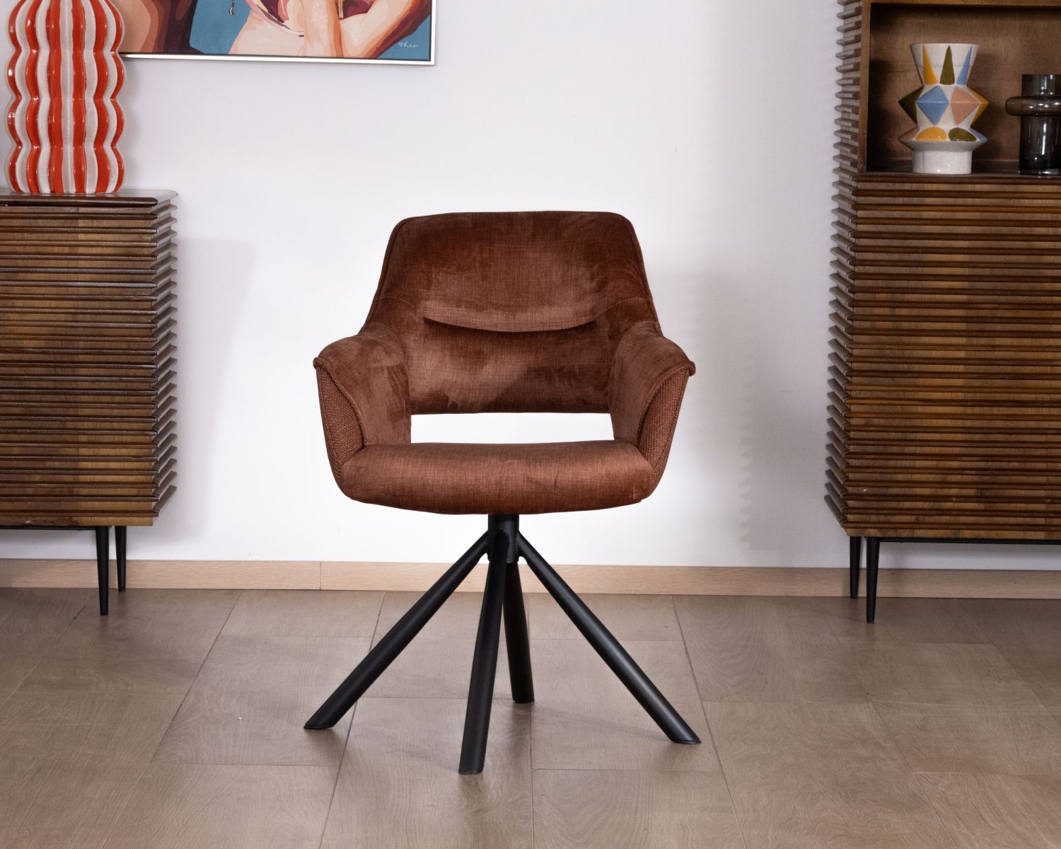 Lote de 2 sillones giratorios de comedor en tejido de doble textura color cobre «Chilko», de estilo retro