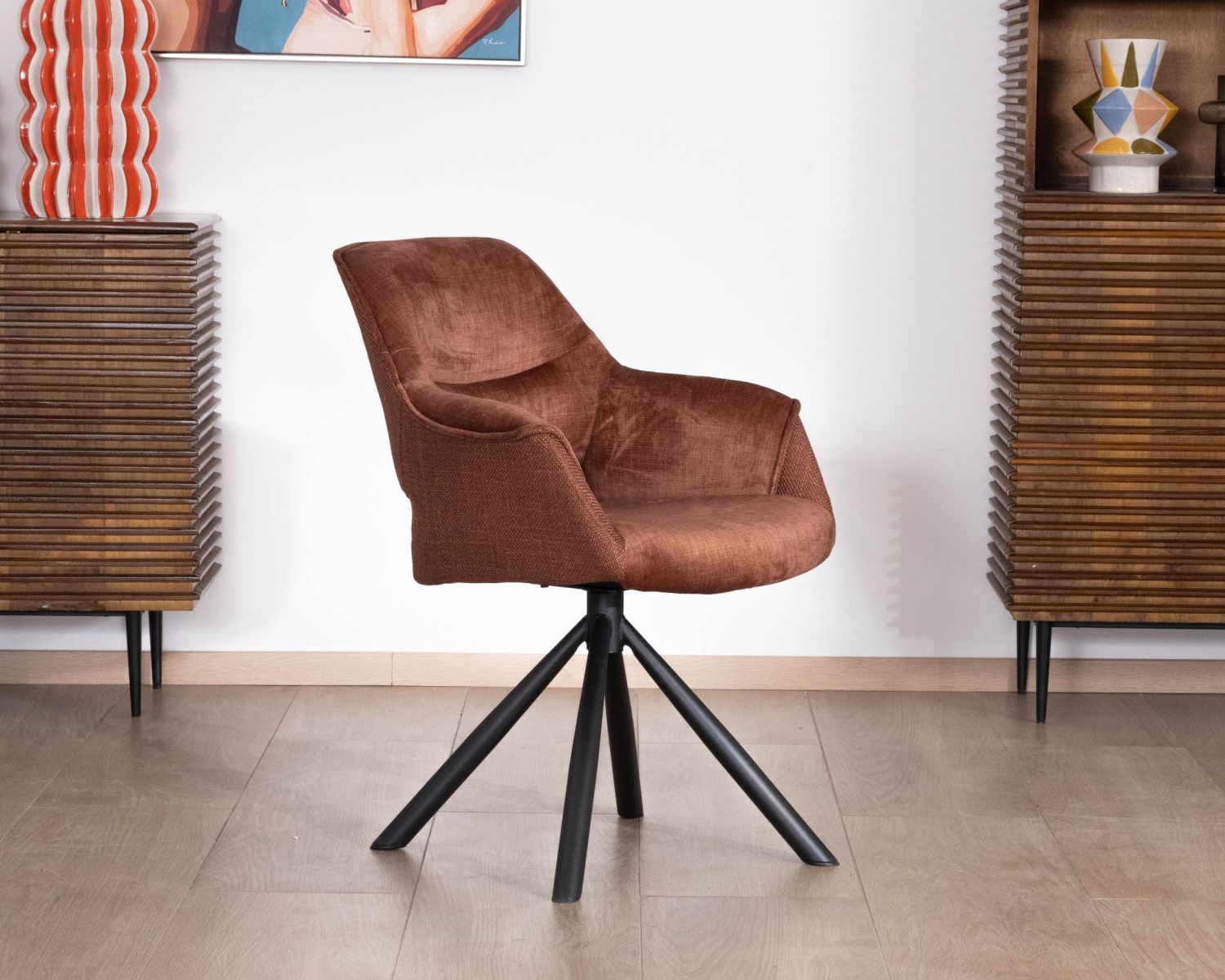 Lote de 2 sillones giratorios de comedor en tejido de doble textura color cobre «Chilko», de estilo retro