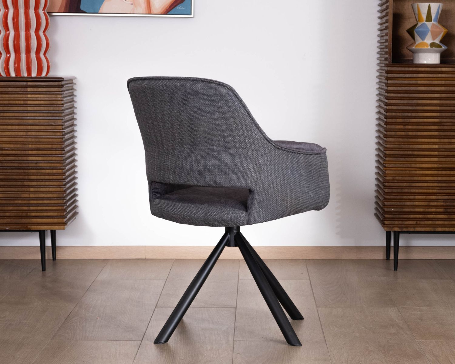 Lote de 2 sillones giratorios de comedor de estilo contemporáneo con base metálica negra «Chilko», en tejido gris de doble textura