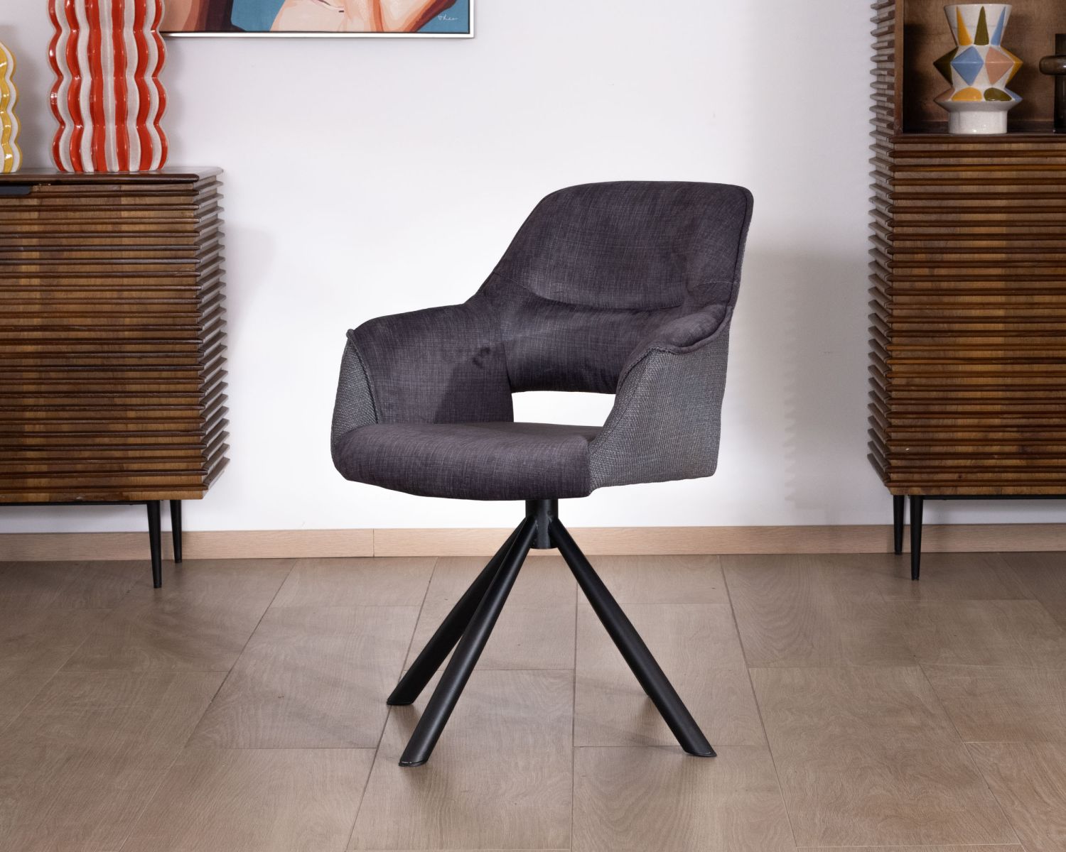 Lote de 2 sillones giratorios de comedor de estilo contemporáneo con base metálica negra «Chilko», en tejido gris de doble textura