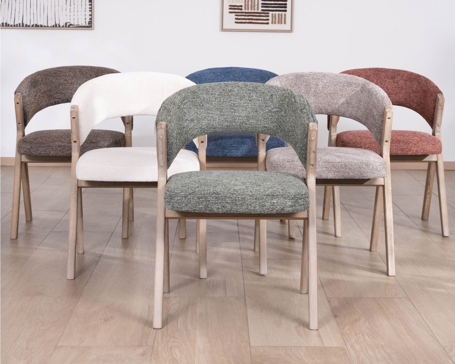 Juego de 2 sillas de comedor de estilo «japandi» «Kyara», en tela cruda natural y madera de caucho