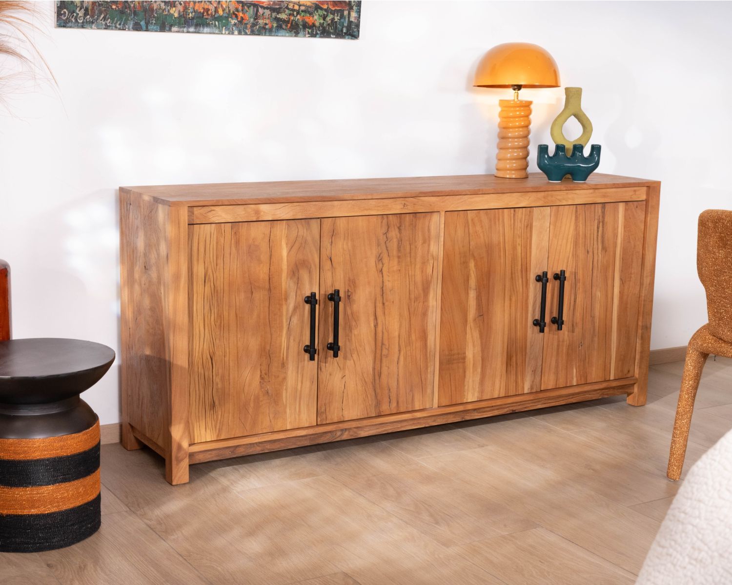 Aparador bajo de 4 puertas y 180 cm, fabricado en madera reciclada «Mokal», con estilo rústico