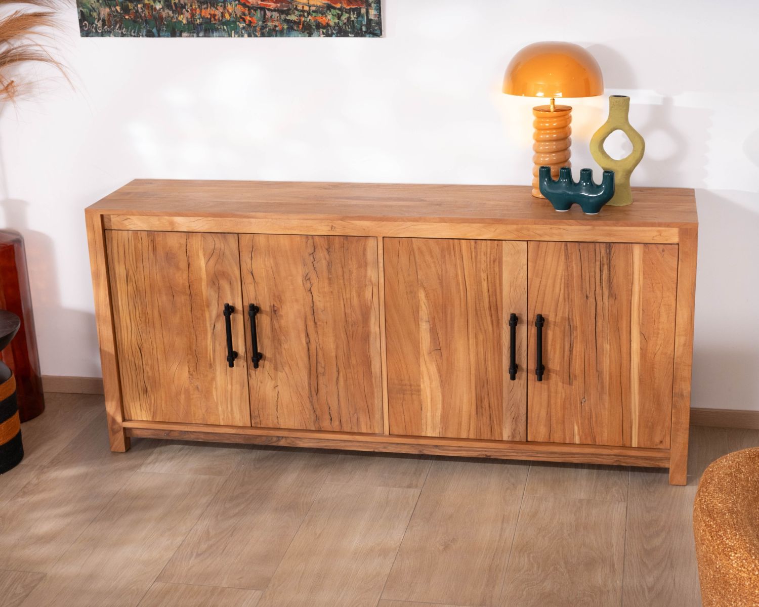Aparador bajo de 4 puertas y 180 cm, fabricado en madera reciclada «Mokal», con estilo rústico
