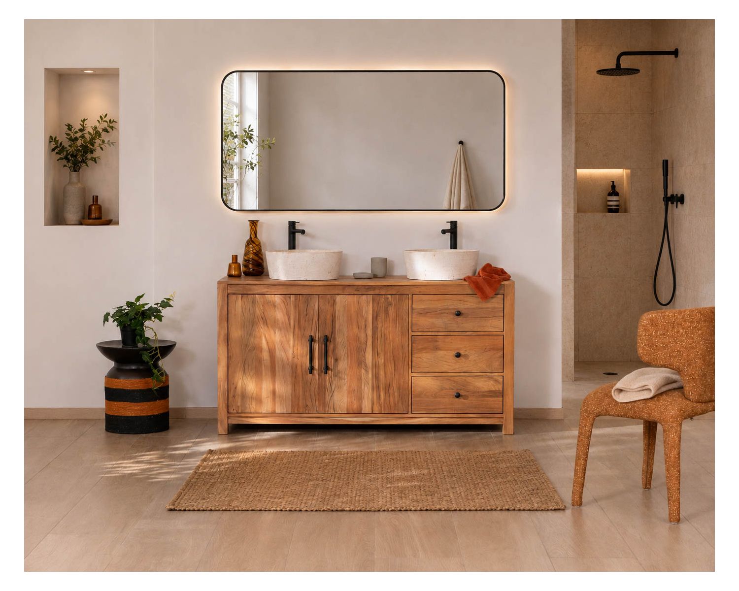 Mueble bajo lavabo doble de madera reciclada «Mokal», de 150 cm, con estilo rústico