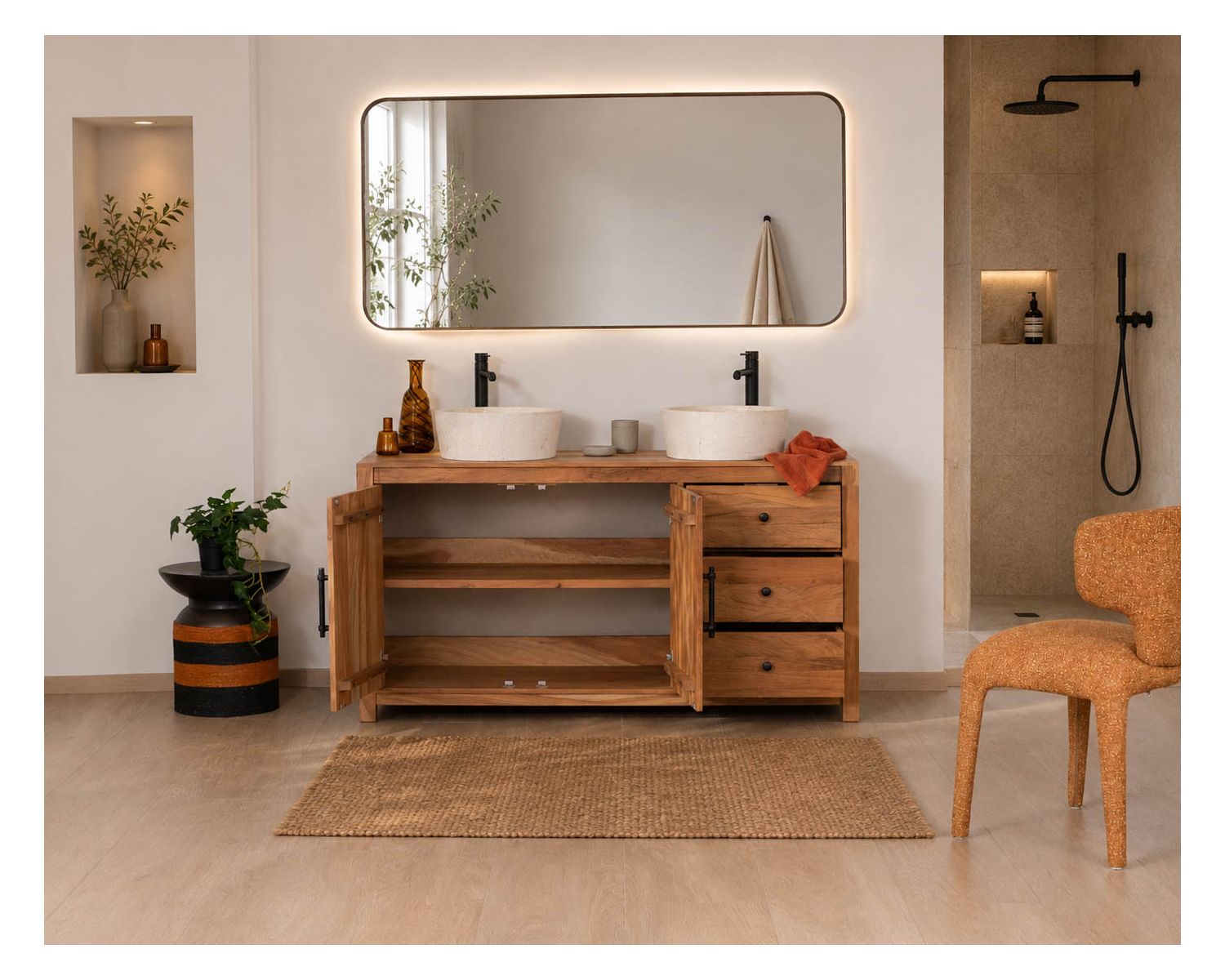 Mueble bajo lavabo doble de madera reciclada «Mokal», de 150 cm, con estilo rústico