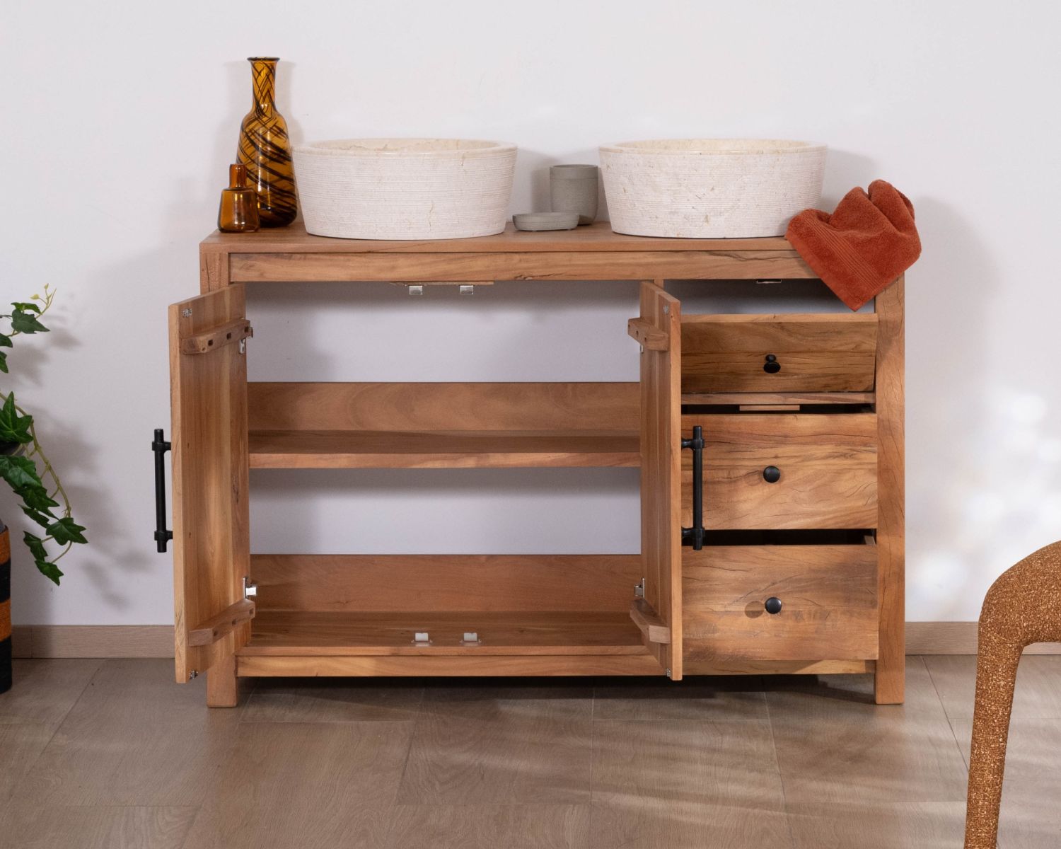 Mueble bajo lavabo de 120 cm de madera reciclada «Mokal», con estilo rústico