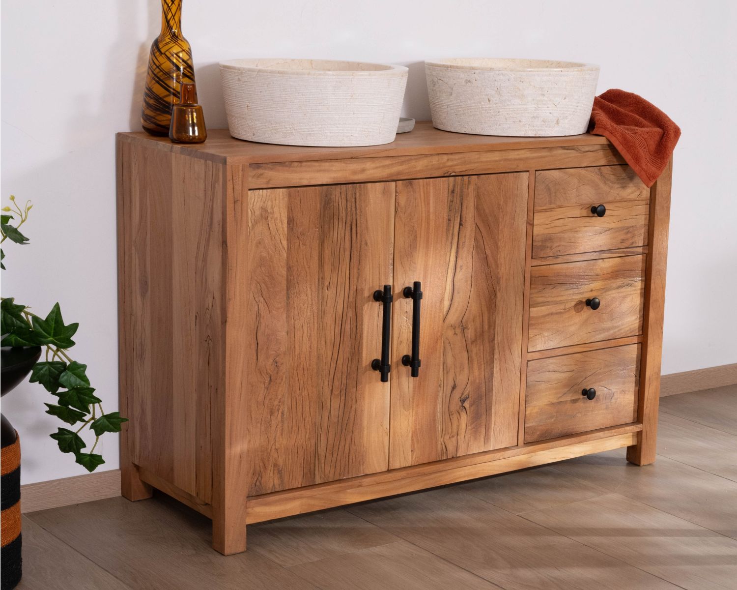 Mueble bajo lavabo de 120 cm de madera reciclada «Mokal», con estilo rústico